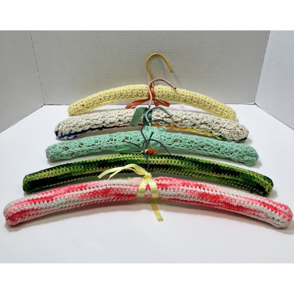 Vintage 1970s Crocheted Wood Hangers Set of 5 Green Yellow Pink Mod MCM 16.5"